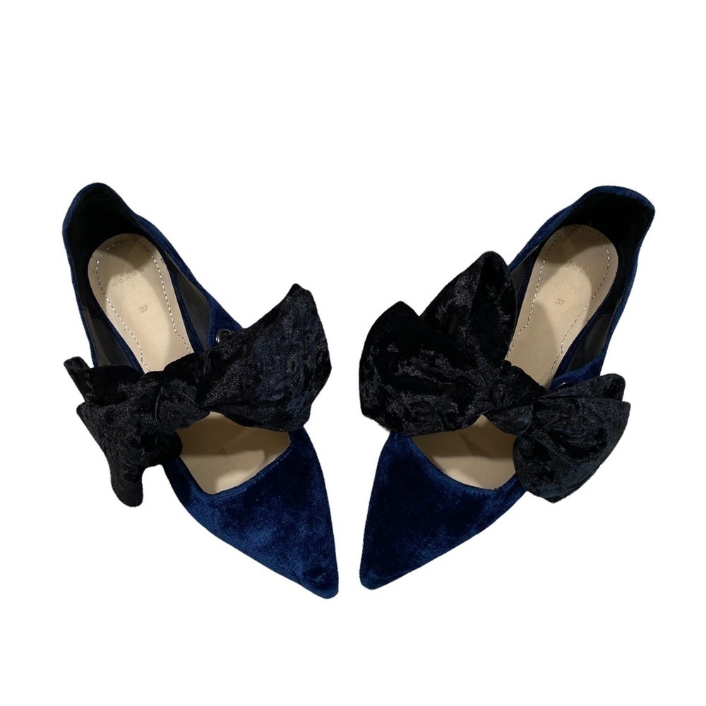 Zara Woman Velvet Big Bow Pointed Toe Flat, Blue and Black, 37